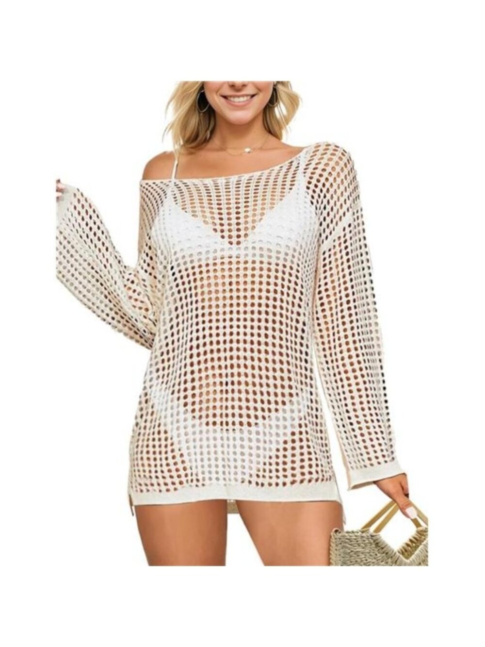 Women's Crochet Bathing Suit Cover Ups Hollow Out Bikini Coverups Dress, White